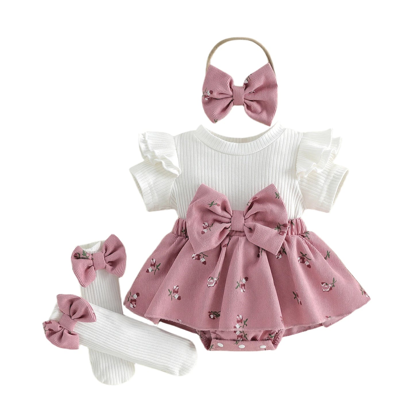 Floral bow romper dress set with blush dress, headband, and striped socks.