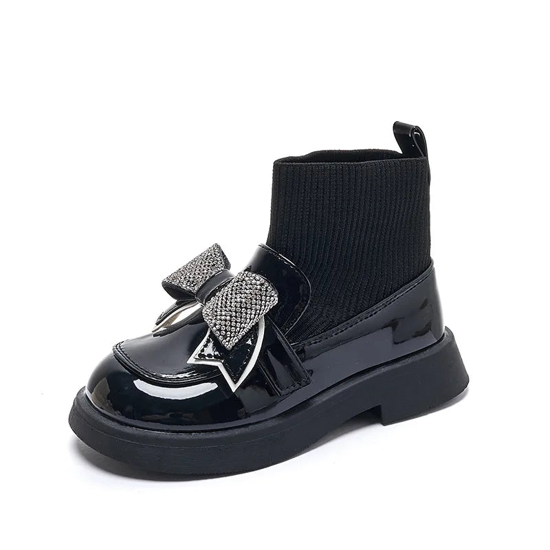 Girls Black Patent Leather Chunky Silver Bow Sock Boot