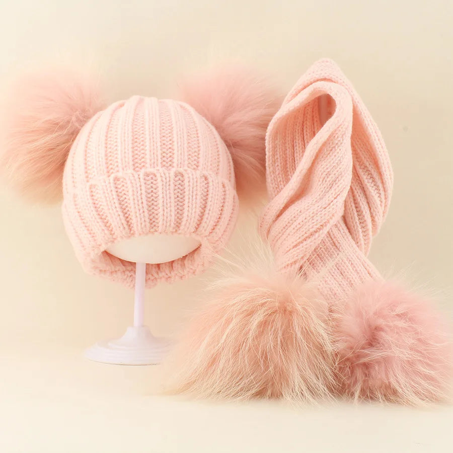 Raccoon Hat & Scarf Set Pink Double Pom