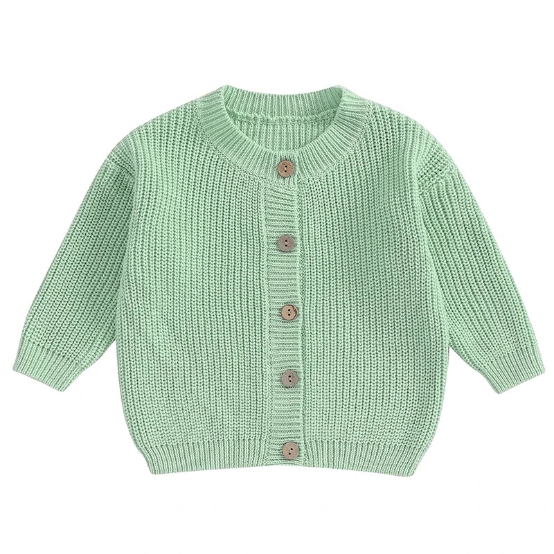 Green knit button cardigan with round neck, long sleeves