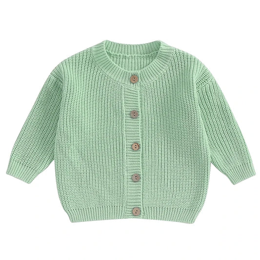 Green knit button cardigan with round neck, long sleeves