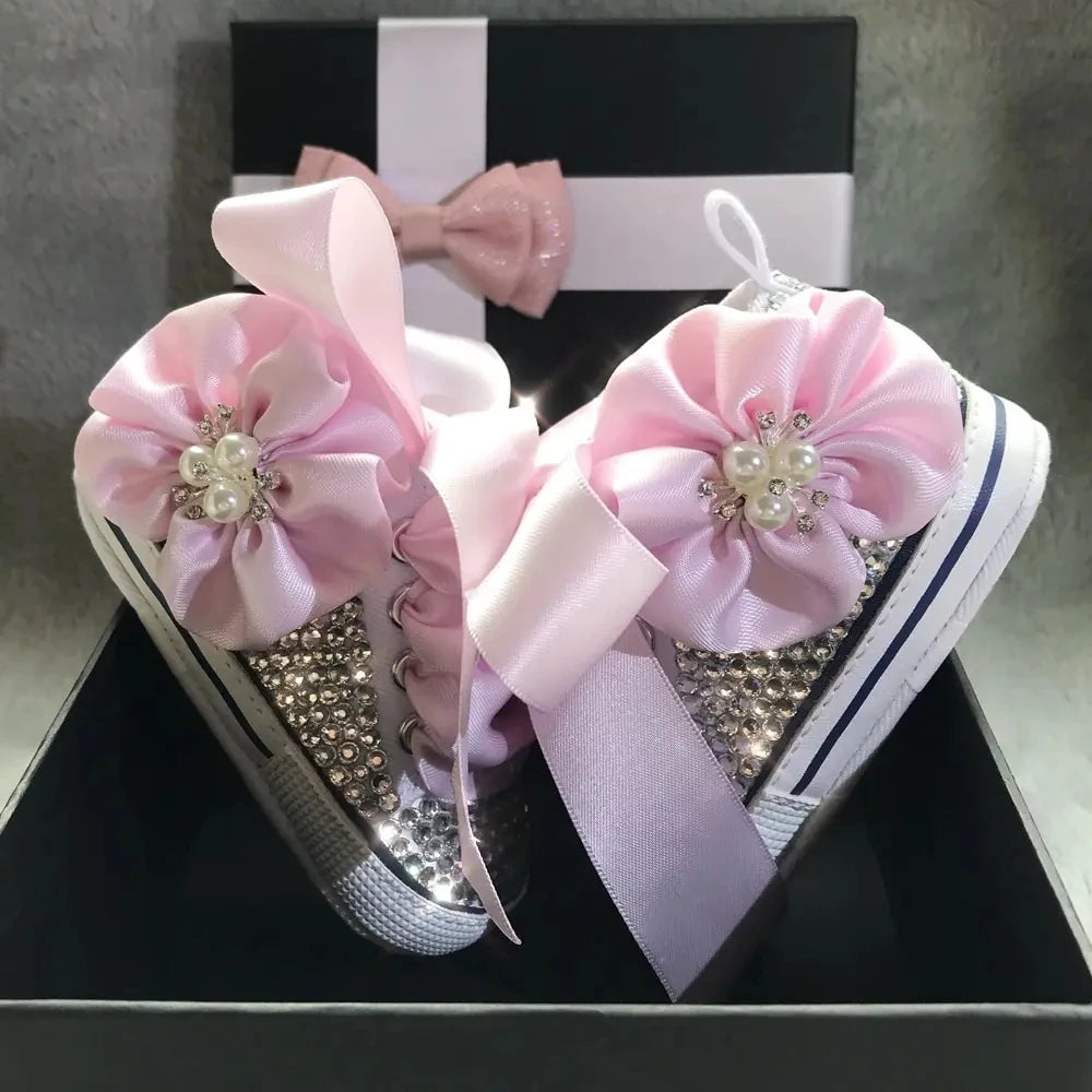 Dolly Bling Baby Pram Shoes -Pink Satin Flowers