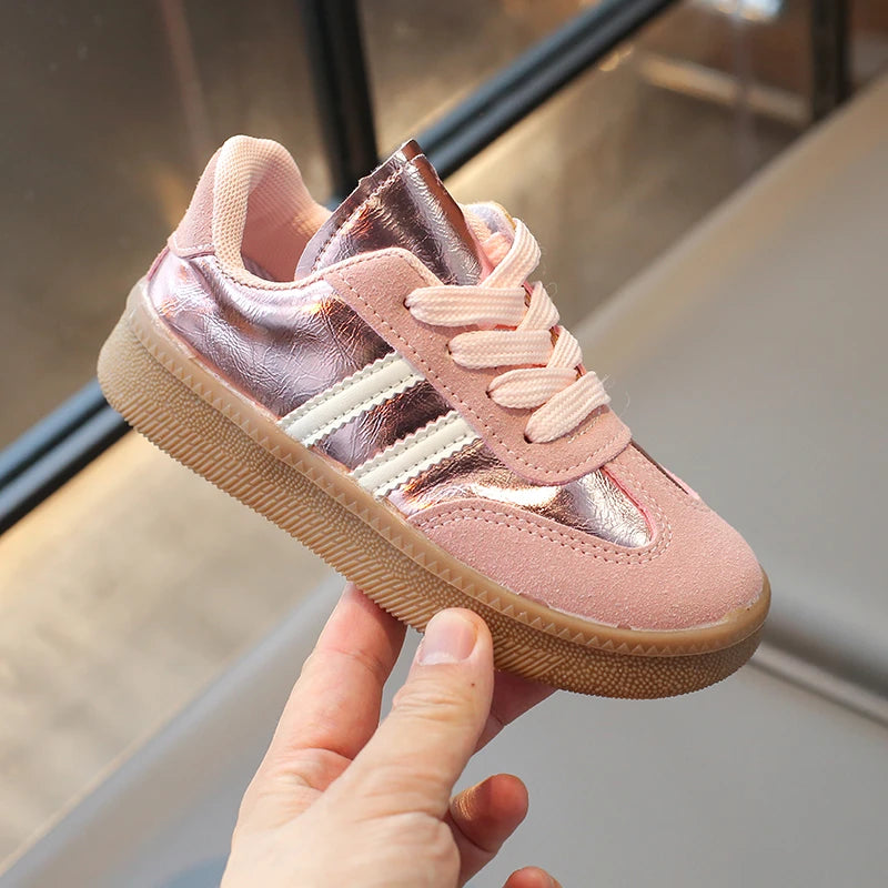 Girls Pink Board Shoes Gold Stripe