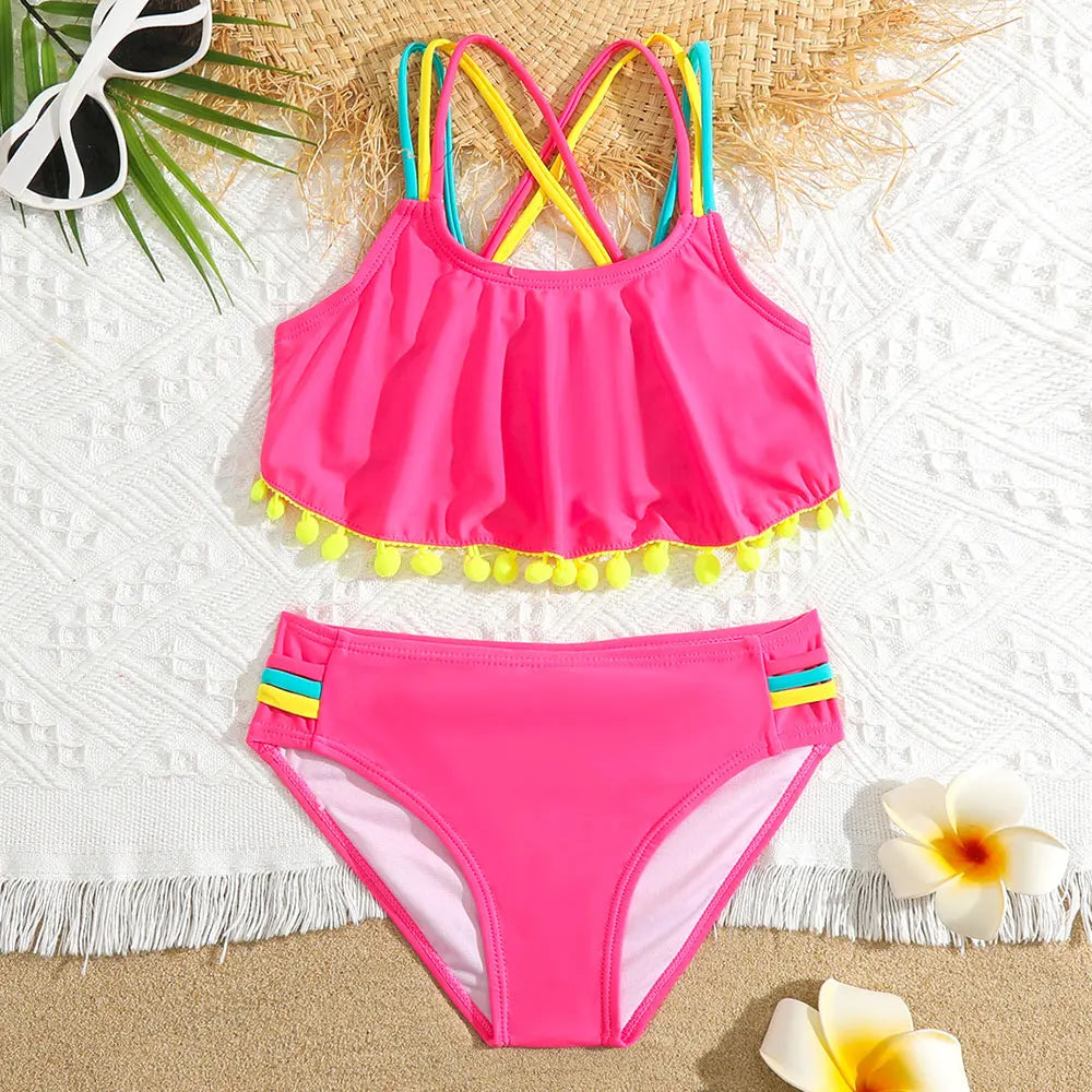 Girls Flourescent pink boho pom pom two piece bikini