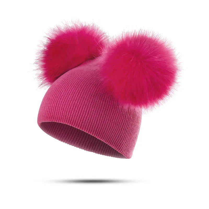 Double Pom Pom Fur Hat Fushia
