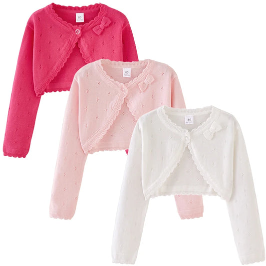 Toddler knit cardigan set with bow front and scalloped edges: red, blush, and white