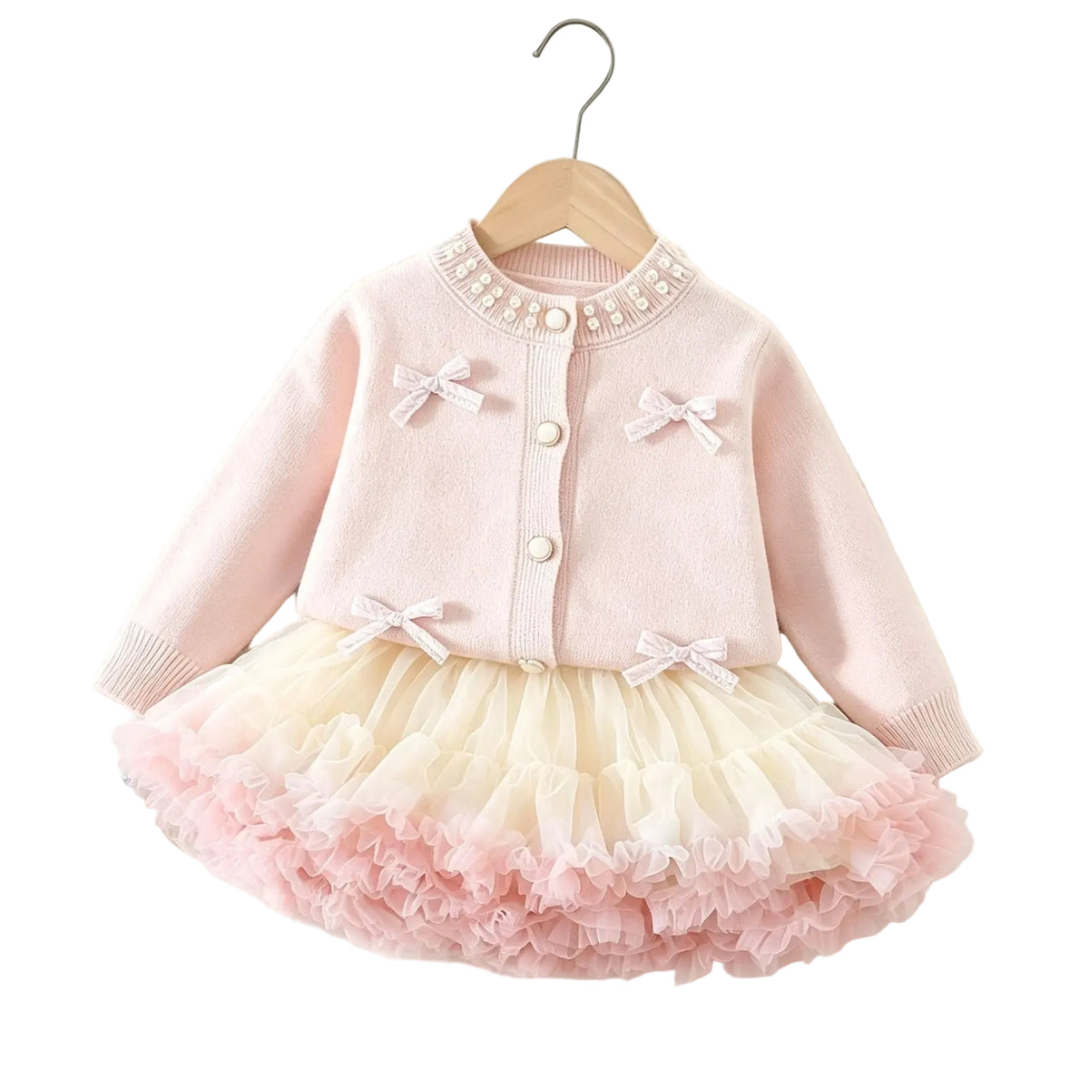 Kids' sweater and tulle skirt set with pink cardigan and layered ruffle tulle skirt