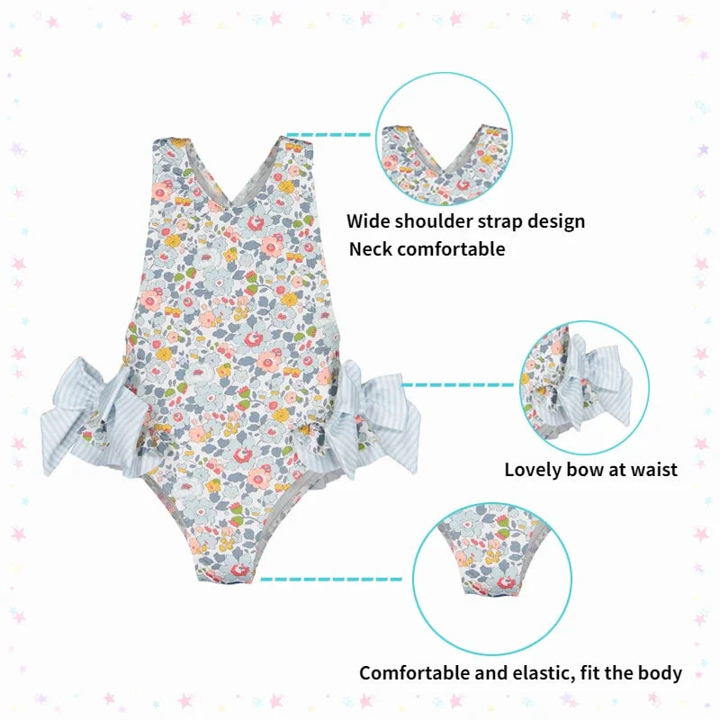 Girls Blue Floral Swimsuit with Bows & Crossover Back (2–7 Years) *Preorder