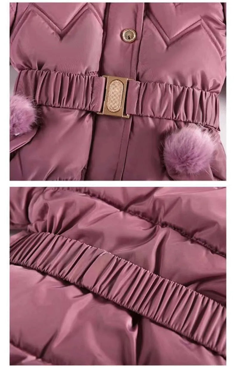 Girls plum belted puffer coat with cinched waist and faux fur cuff trim