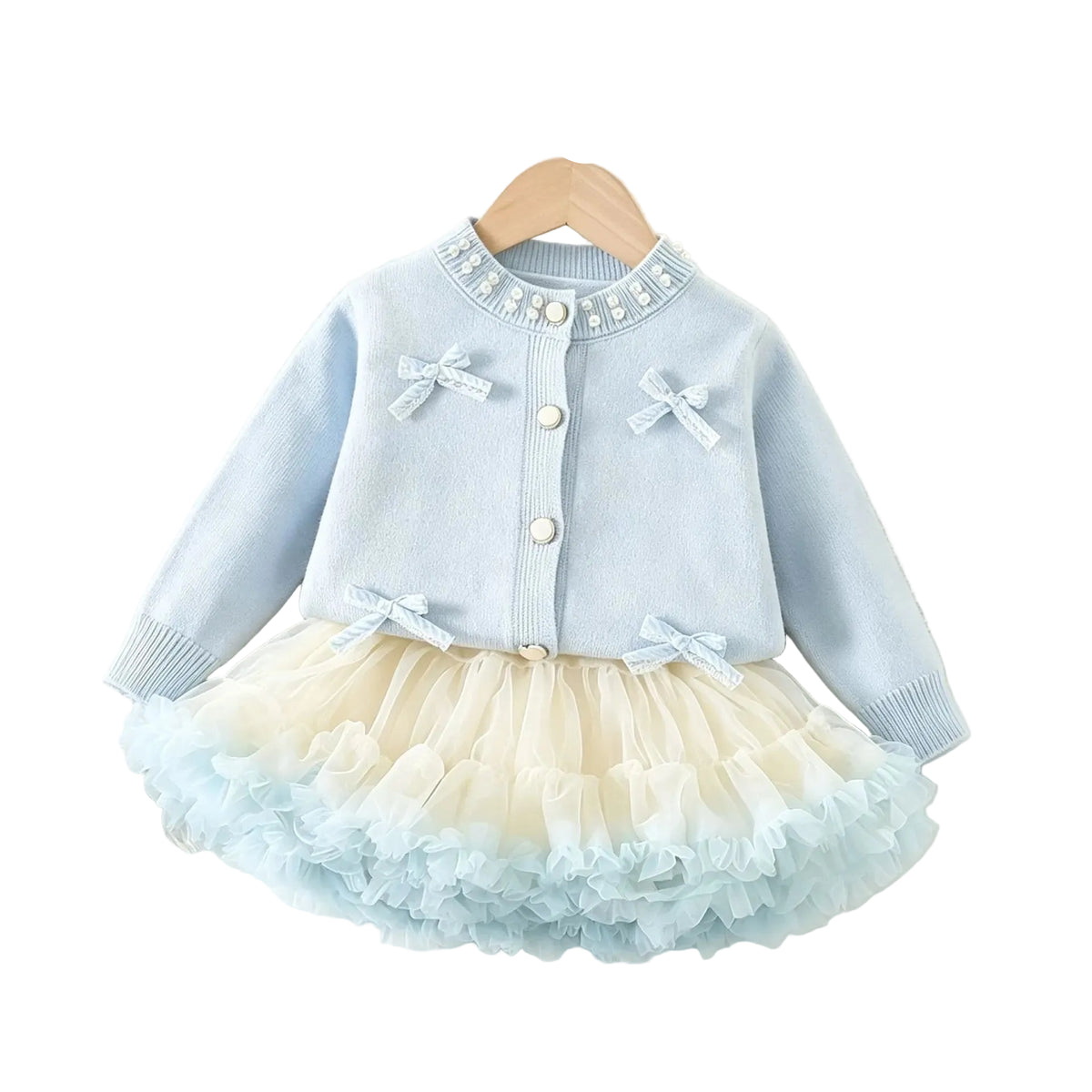 Kids' sweater and tulle skirt set with light blue cardigan and bow details