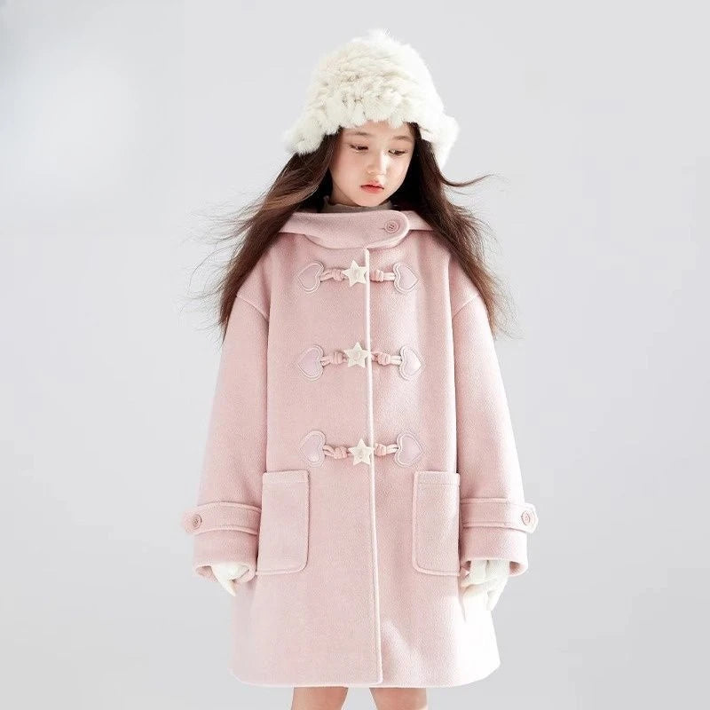 Kids hooded winter coat in light pink with toggle-style star buttons and fluffy hood