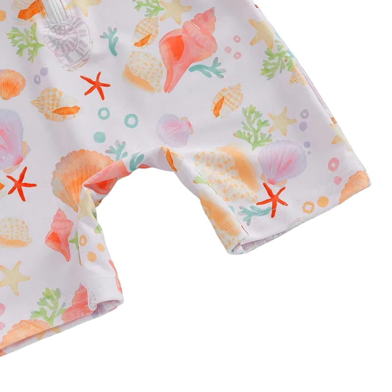 Girls Seashell Print Long Sleeve Swim Romper with Sun Hat (1-5 Years) *Preorder