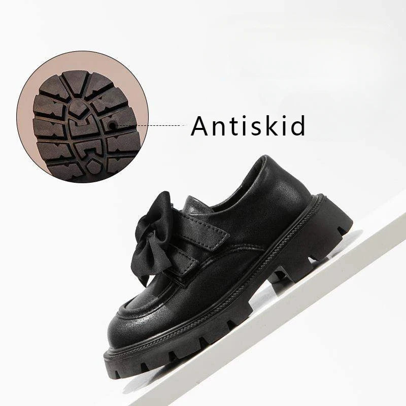 Girls Black Leather Chunky Bow School Shoes