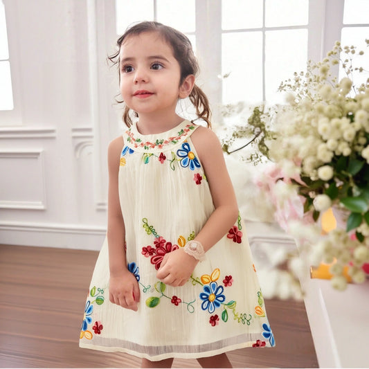 Young girl wearing a white dress with colorful floral embroidery in a bright room.
