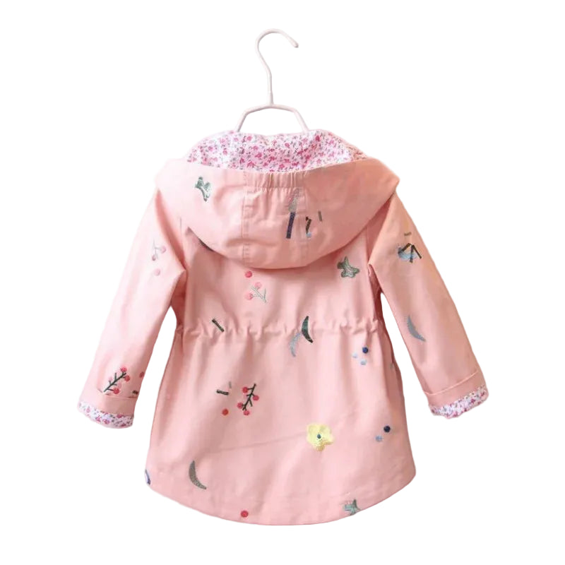 Girls blush pink hooded jacket with floral hood lining and printed motifs
