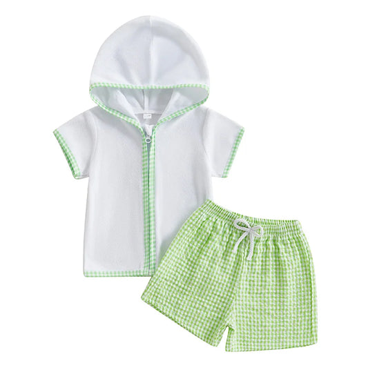 Children's hooded shirt and shorts set with green checkered pattern on a white background