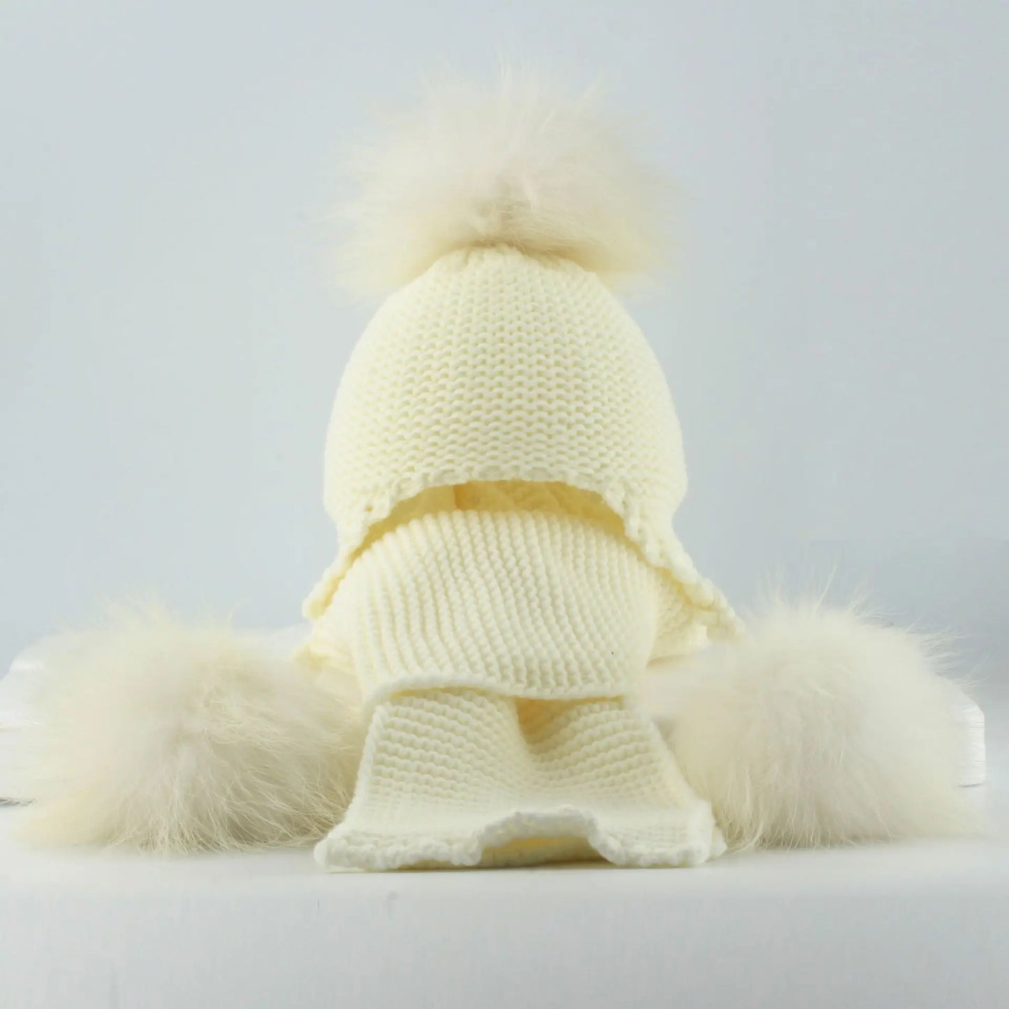 Raccoon Hat & Scarf Set White Single Pom
