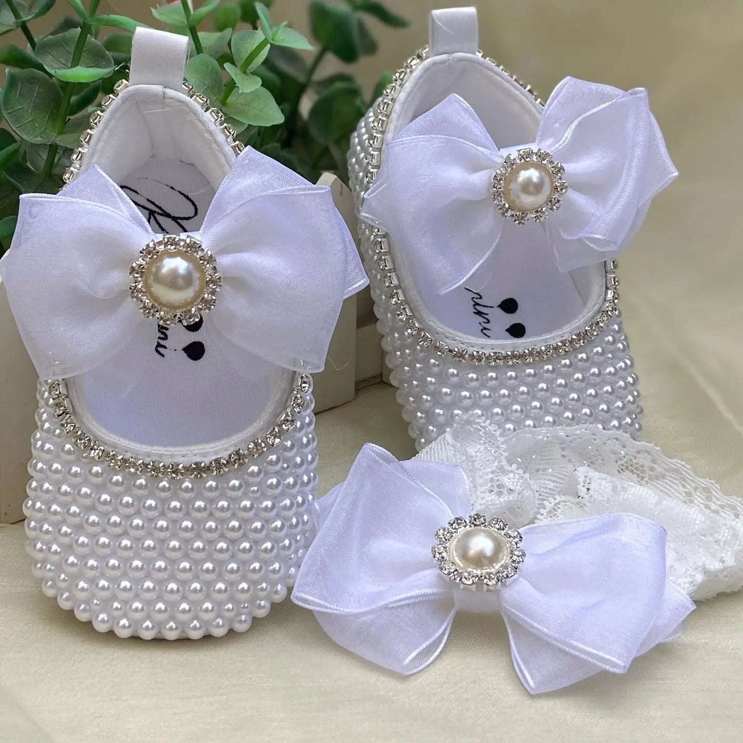 Dolly Bling Pram Shoes Double Beaded with Tulle Bow