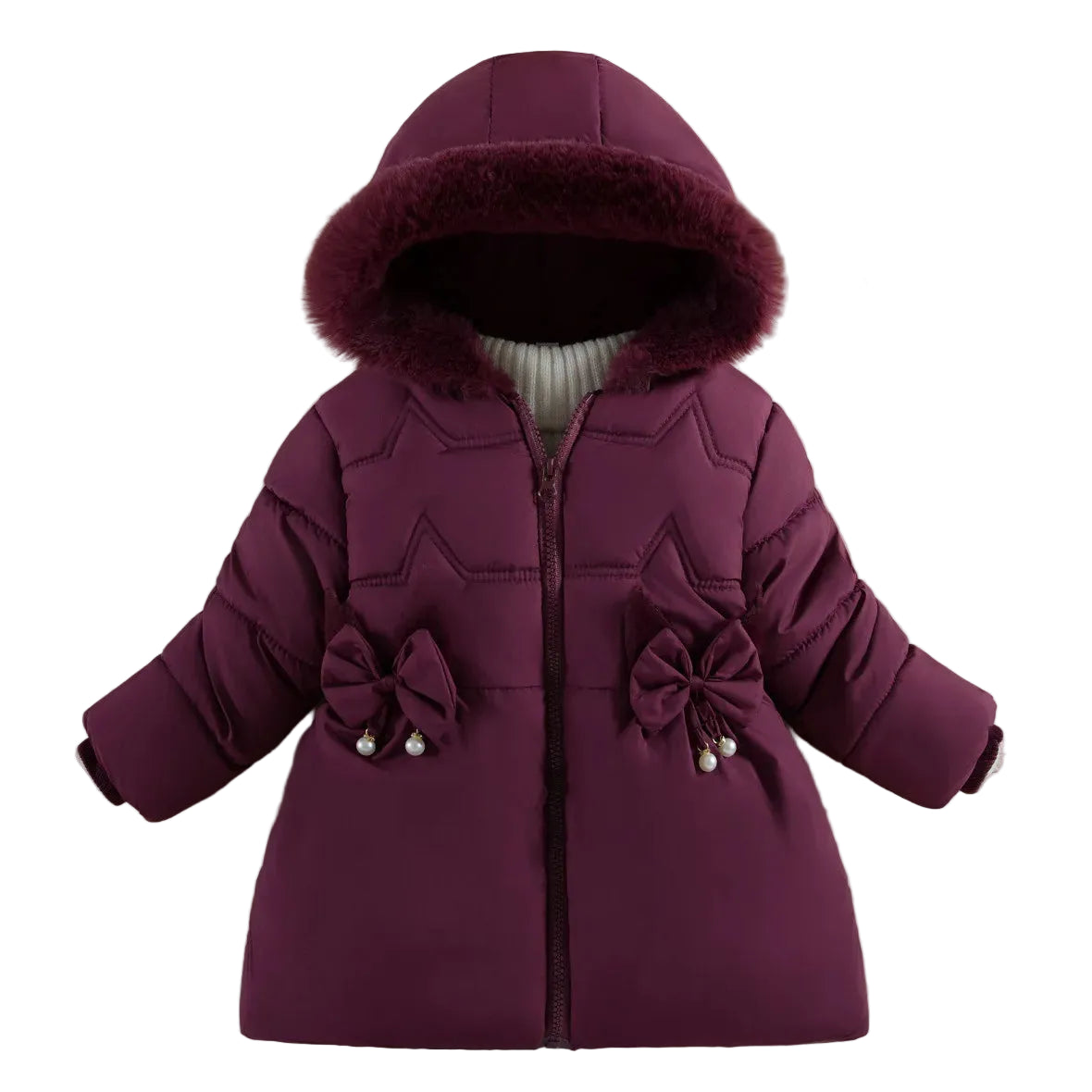 A children's hooded puffer jacket in deep purple, featuring a faux-fur trimmed hood, a front zipper, decorative bow details on the front with pearl accents, and a ribbed knit collar. The jacket is displayed flat against a beige background with decorative props including a green leaf, a yellow starfish, and a small toy camera.