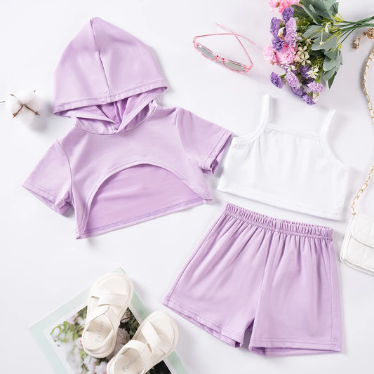 Girls Lilac Three Piece Shorts Set