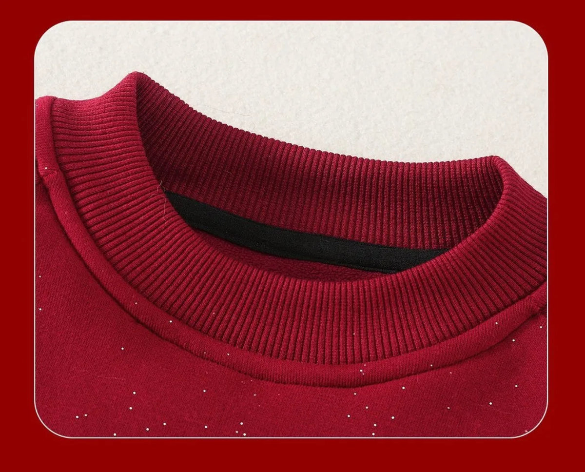 Red velvet girls dress neckline with ribbed trim and tiny sparkles