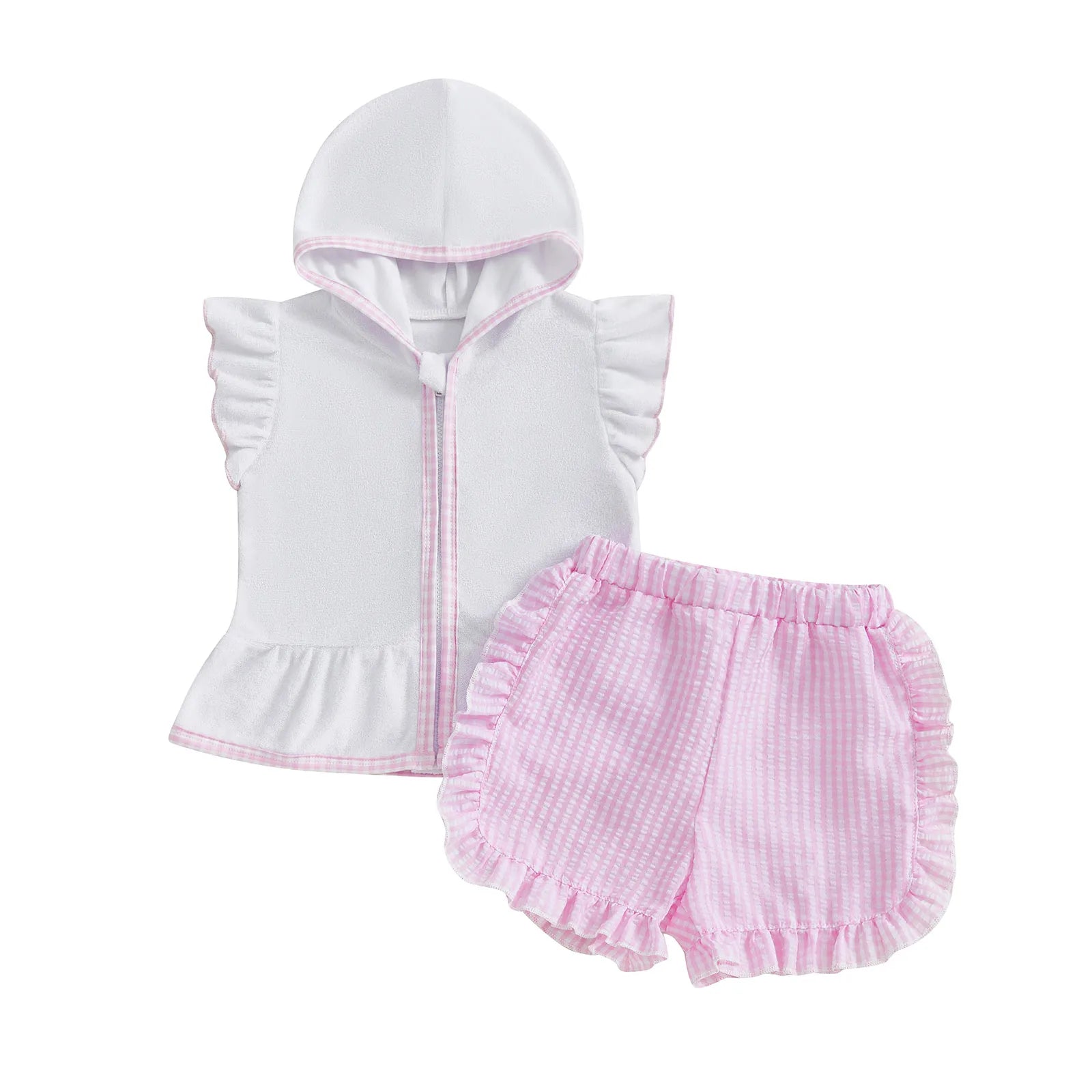 Baby outfit with white hooded jacket and pink checkered bloomers on a white background