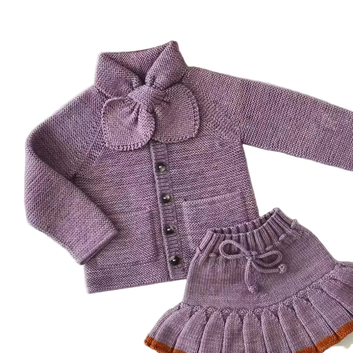 Purple two-piece set: bow-neck knit cardigan with buttons and pleated skort with bow