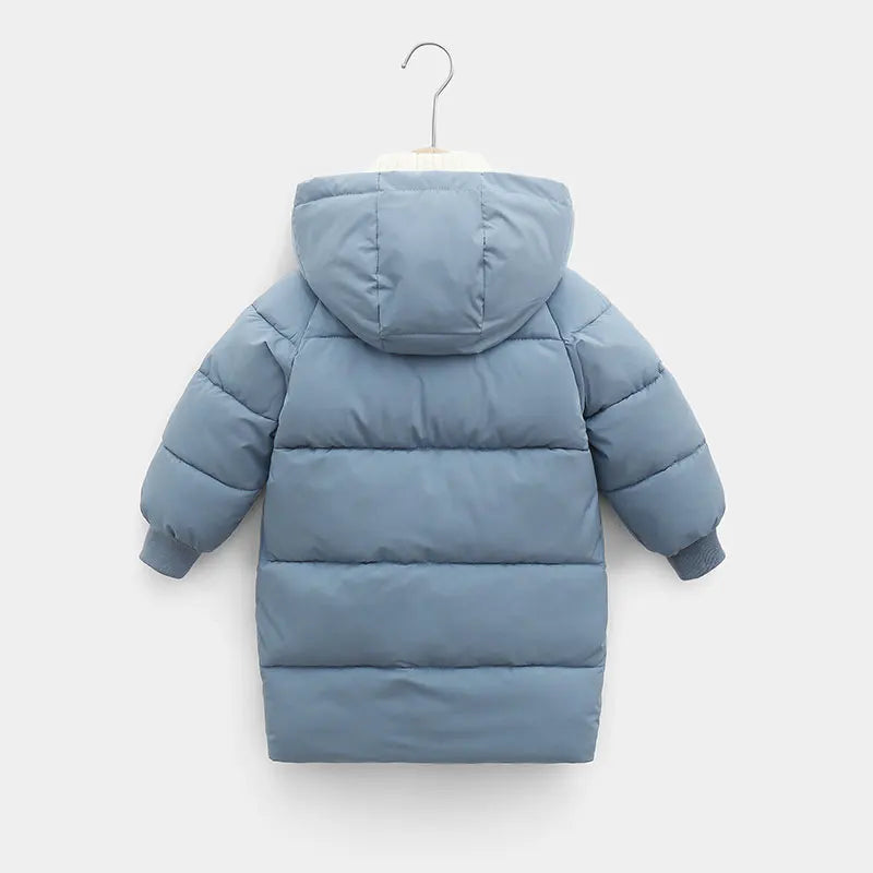 Kids blue hooded puffer parka coat, back view with quilted design and hood