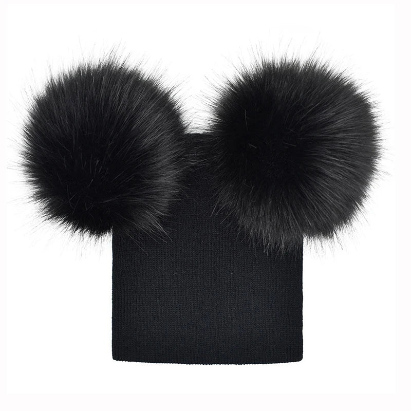 Double Pom Pom Fur Hat Black