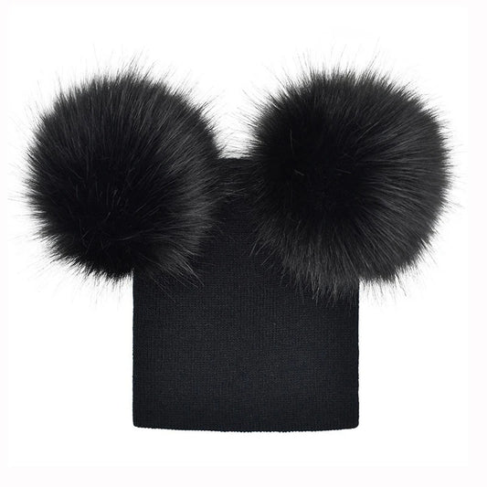 Double Pom Pom Fur Hat Black