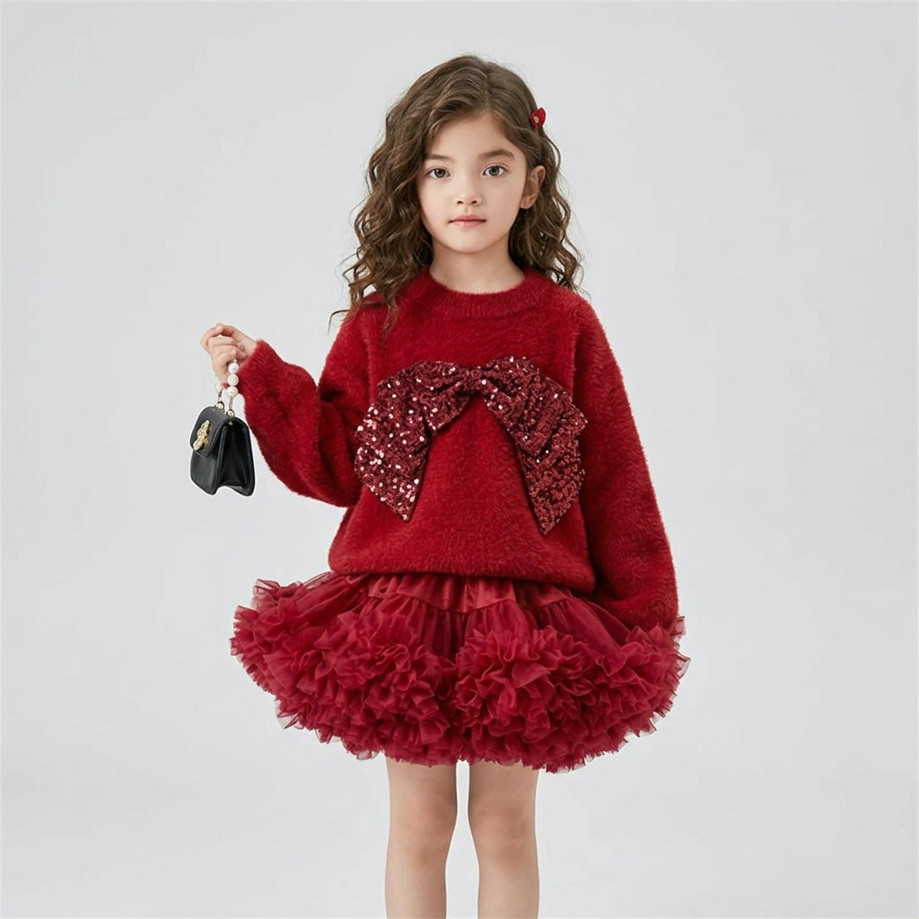 Girls red long-sleeve jumper with sequin bow detail and layered tulle tutu skirt