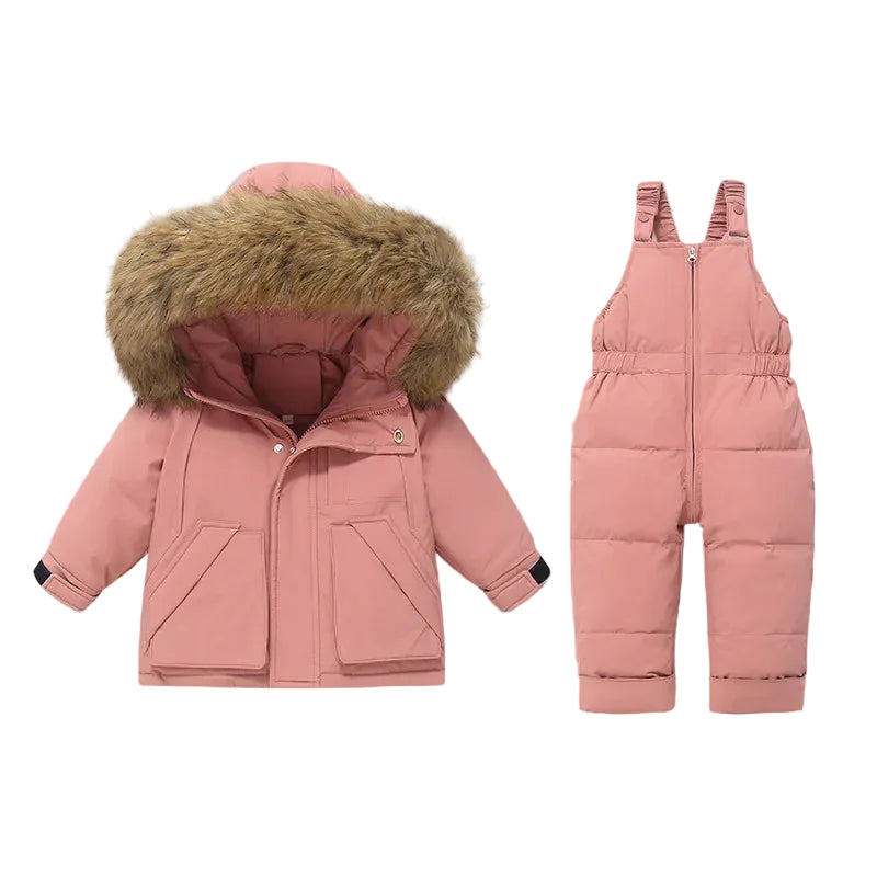 A children's winter outfit set consisting of a pink puffer jacket with a brown faux-fur trimmed hood and matching pink puffer bib overalls, displayed on a light gray background.