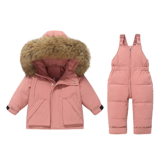 Pink hooded puffer coat with faux-fur trim and padded dungaree snow suit set