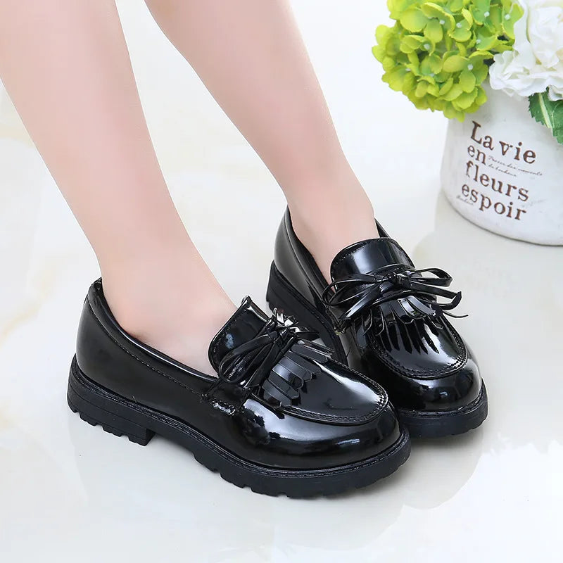 Girls Black Patent Leather Chunky Mocassin School Shoes