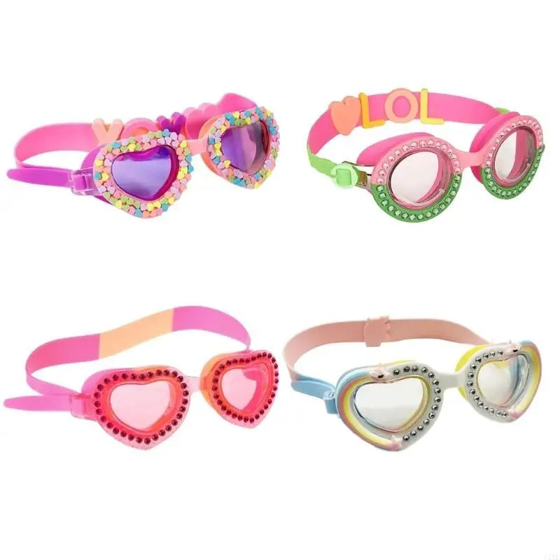 Girls pink swimming goggles with heart-shaped lenses and multicolor bead trim