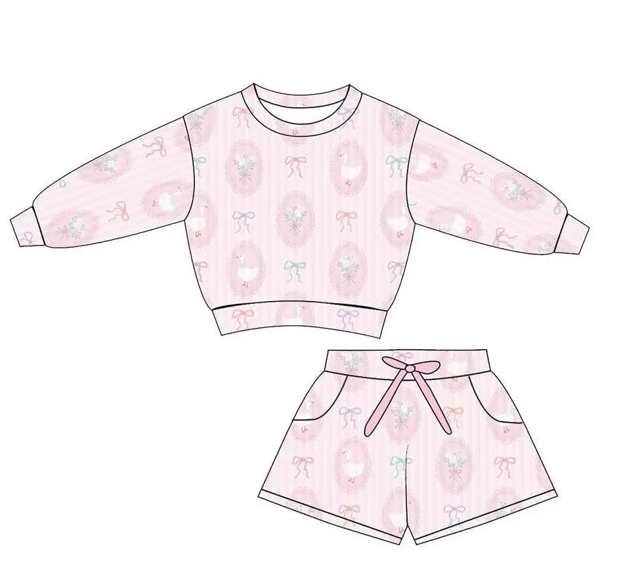 Pink toile print girls lounge set with sweatshirt and shorts
