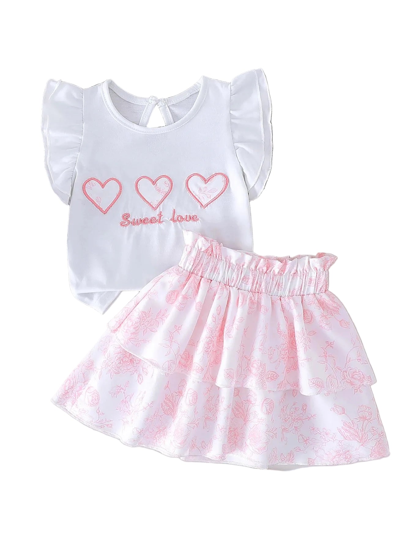 Toddler girls white top with heart outlines and “Sweet love”, paired pink tiered skirt