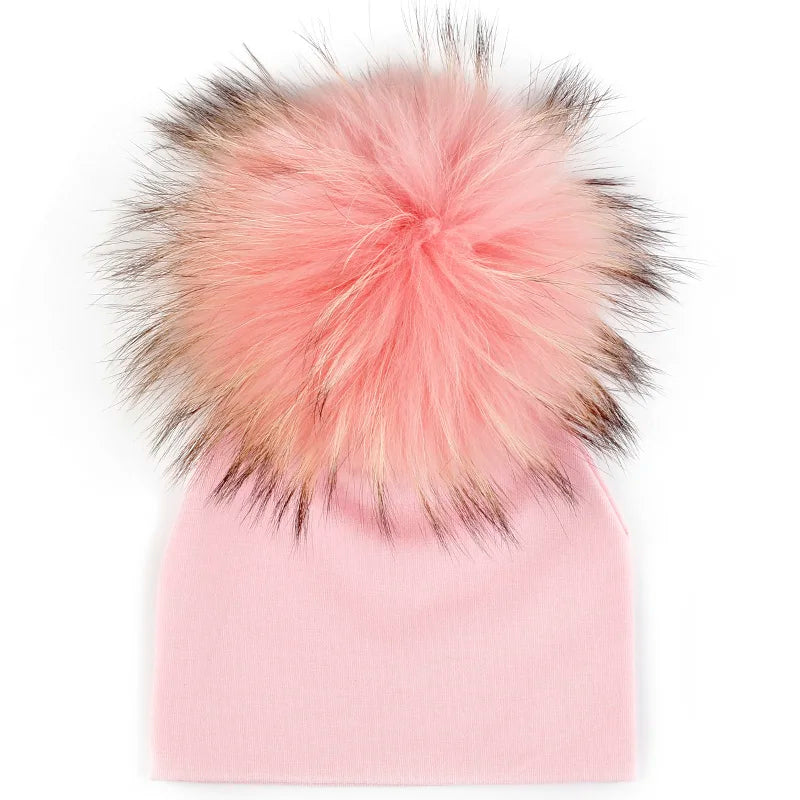 Newborn First Size large Pom Pom Hat 'Real Fur'