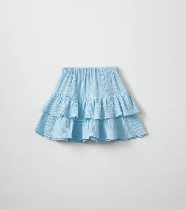 Powder blue tiered ruffle smock skirt with elastic waistband