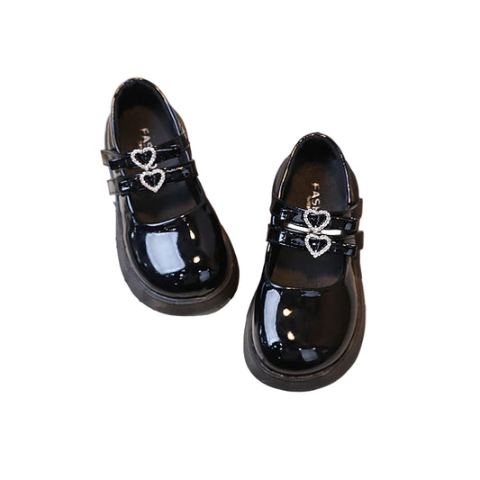 Girls Black Mary Jane Heart School Shoes