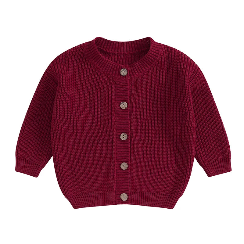 Boys knitted cardigan in dark red, button-front placket with ribbed neckline and cuffs