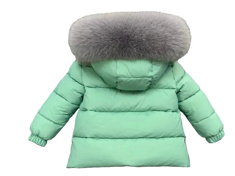 Winter Coat Mint green Matt finish Grey Racoon fur Hood