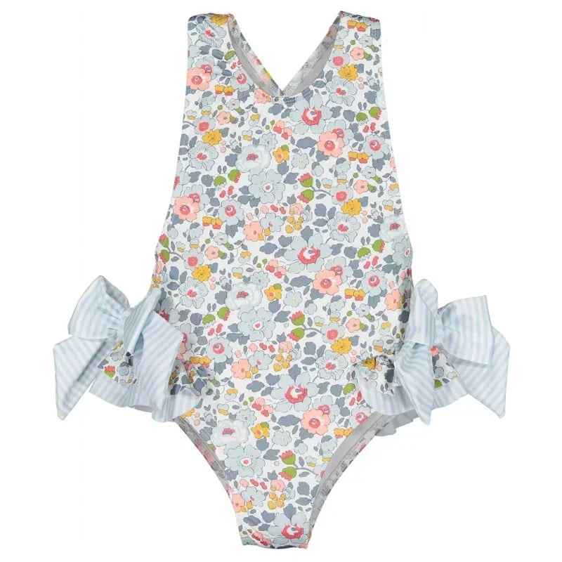 Girls Blue Floral Swimsuit with Bows & Crossover Back (2–7 Years) *Preorder