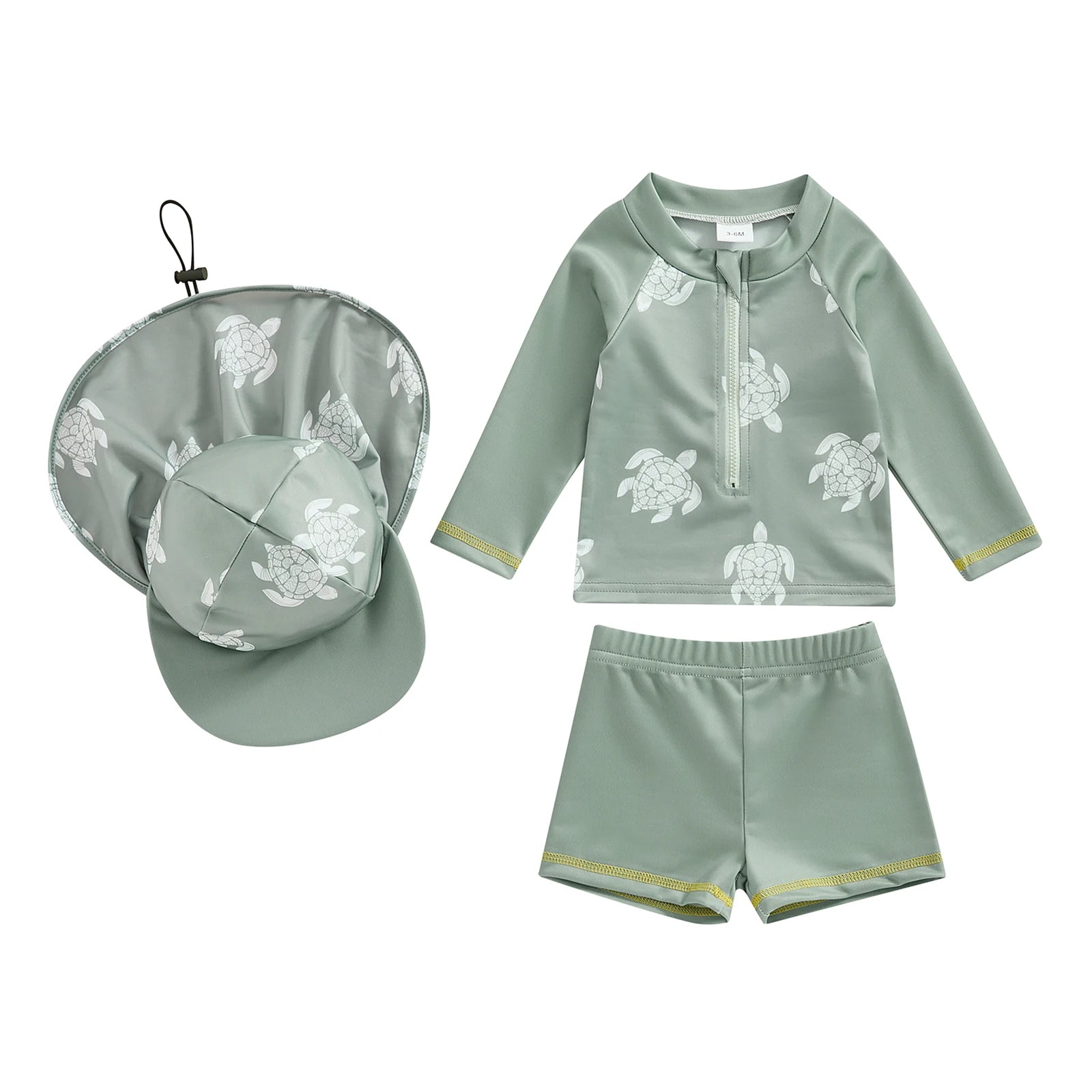 Rash guard top, swim shorts and turtle print hat set, light green with white turtle print