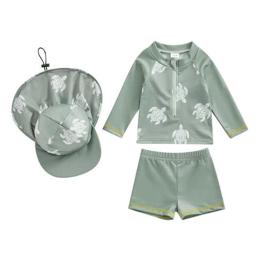 Rash guard top, swim shorts and turtle print hat set, light green with white turtle print
