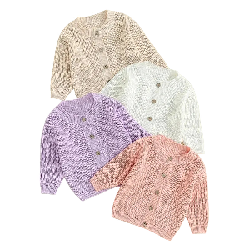 Stone knit button cardigan with round neck, long sleeves