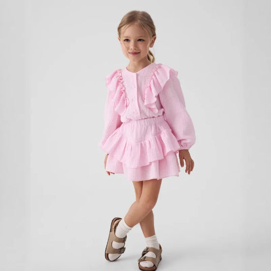 Girls pink ruffle smock shirt and tiered skirt set, long sleeves, button front