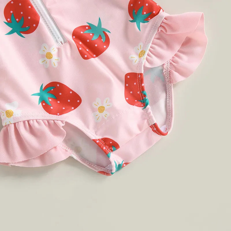 Girls Toddler Long Sleeve Swimsuit with matching hat - Strawberry Print