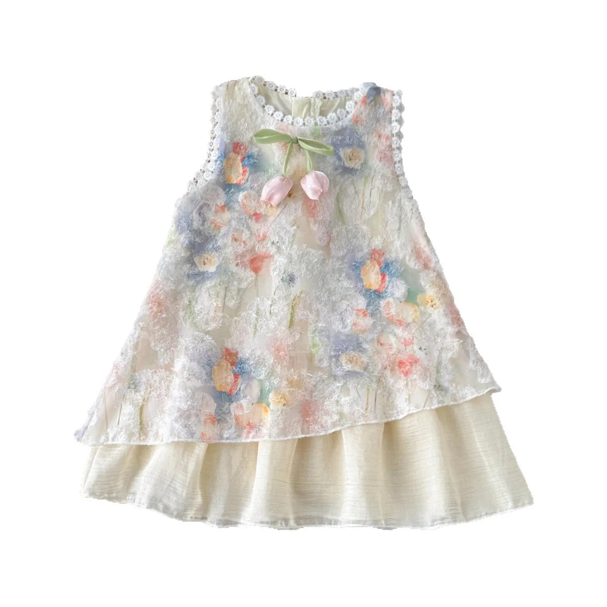Closeup: cream floral lace sleeveless dress with ribbon bow and tiered skirt