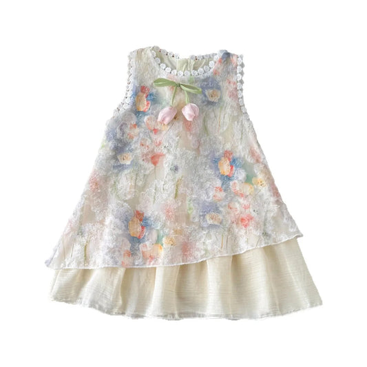Closeup: cream floral lace sleeveless dress with ribbon bow and tiered skirt